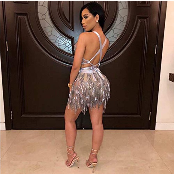 Glitter Sexy Deep V Neck Sequin Beaded Halter Bodycon Mini Nightclub Party Dress - Picture 6 of 10